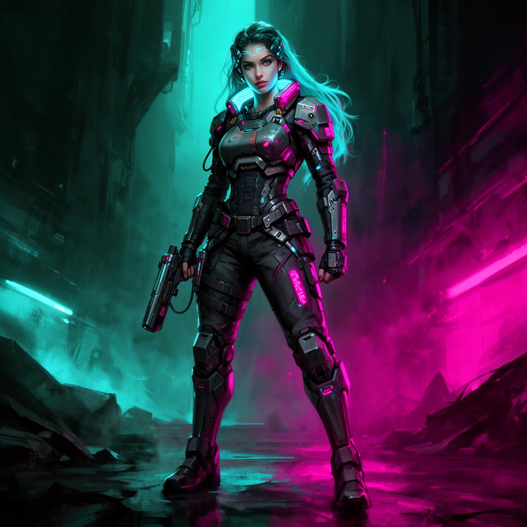 Cyberpunk female warrior in neon-lit armor