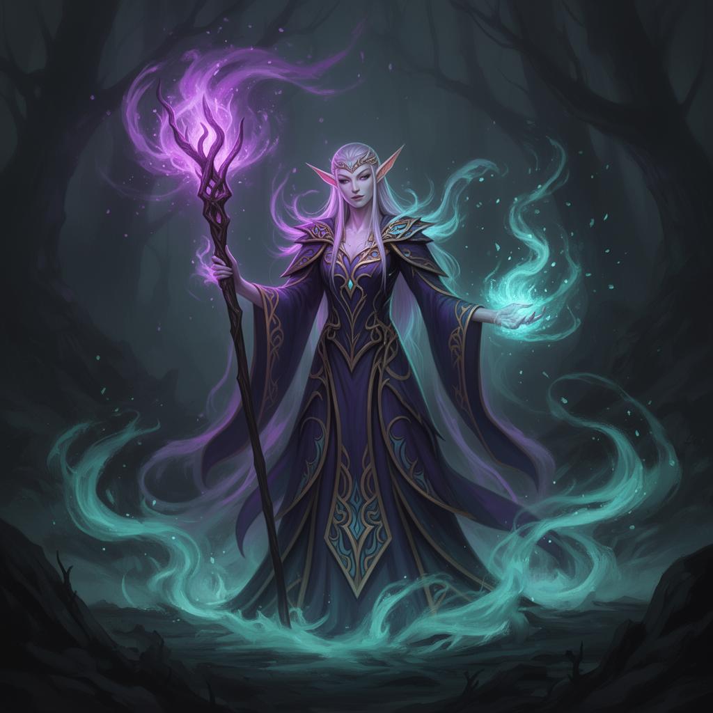 Fantasy elf mage channelling glowing magic