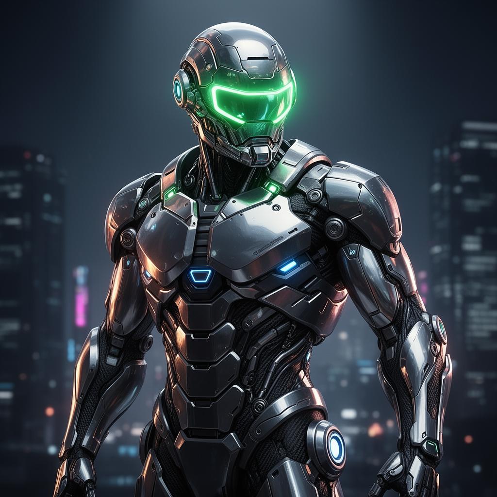 Sci-fi cyborg soldier in a chrome exosuit