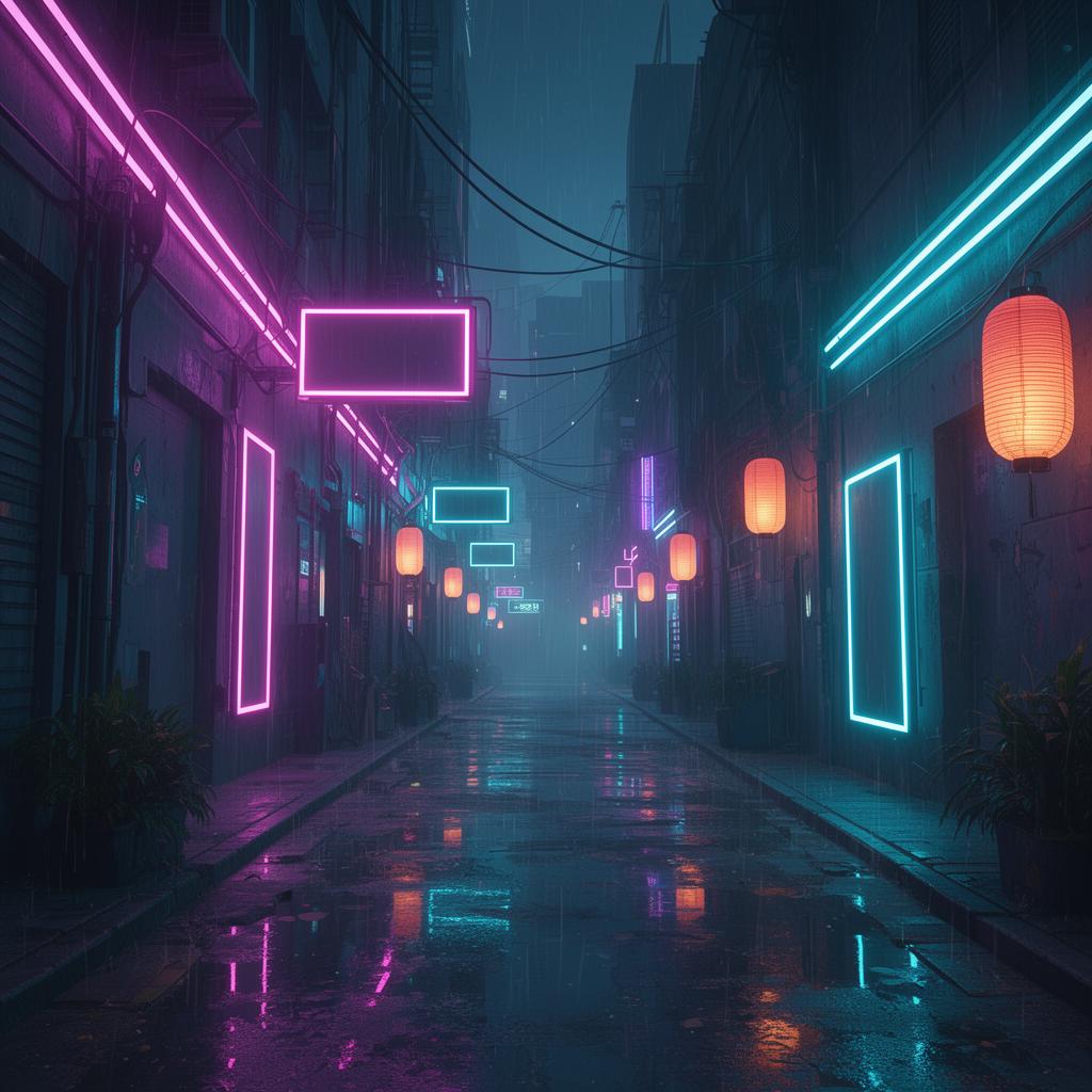 Rain-soaked neon cyberpunk alley scene