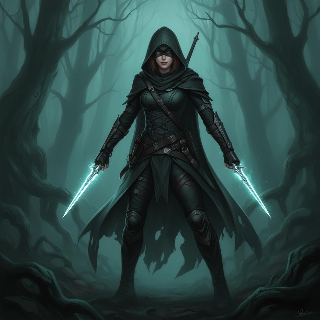 Hooded fantasy assassin with glowing daggers