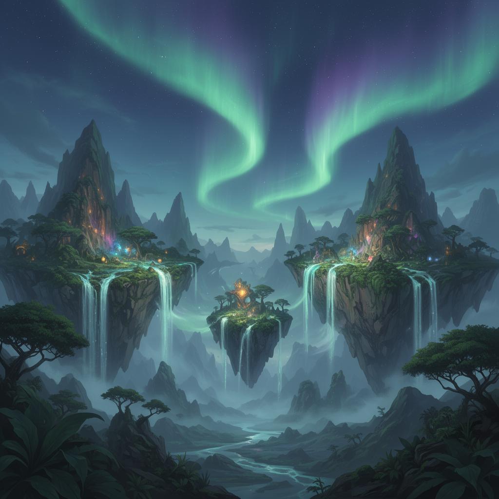 Floating fantasy islands under an aurora sky